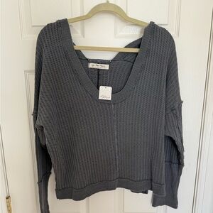 Free People Gray V-Neck Waffle Knit Sweater